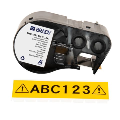 BRADY M4C-1000-595-YL-BK, універсальні всепогодні етикетки, безперервна стрічка: 25,40 мм х 7,62м, чорним на жовтому, вініл, стрічка для принтерів BRADY M410 BMP41 M510 BMP51 BMP53 M511
