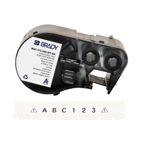 BRADY M4C-375-595-WT-BK, універсальна, безперервна стрічка: 9,53 мм х 7,62м, чорним на білому, вініл, для внутрішнього та зовнішнього використання, стрічка для принтерів BRADY BMP41, BMP51, BMP53, M410, M510, M511