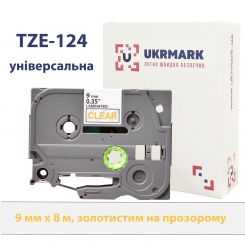 UKRMARK B-T124P, Ламинированный, 9мм х 8м, золотистый на прозрачном, совместимый с BROTHER TZe-124, лента для принтеров этикеток (TZe124)