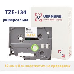 UKRMARK B-T134P, Ламінована, 12мм х 8м, золотистим на прозорому, сумісна з BROTHER TZe-134, стрічка для принтерів етикеток (TZe134)