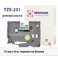 UKRMARK B-T231P, Ламинированная, 12мм х 8м, черным на белом, совместима с BROTHER TZe-231, лента для принтеров этикеток (TZe231)