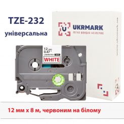 UKRMARK B-T232P, Ламінована, 12мм х 8м, червоним на білому, сумісна з BROTHER TZe-232, стрічка для принтерів етикеток (TZe232)