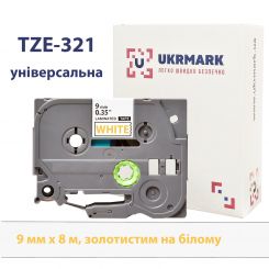 UKRMARK B-T321P, Ламинированный, 9мм х 8м, золотистым на белом, совместима с BROTHER TZe-321, лента для принтеров этикеток (TZe321)
