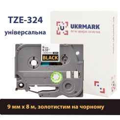UKRMARK B-T324P, ламінована, 9мм х 8м, золотистим на чорному, сумісна з BROTHER TZe-324, стрічка для принтерів етикеток (TZe324)