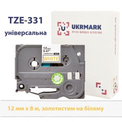 UKRMARK B-T331P, Ламінована, 12мм х 8м, золотистим на білому, сумісна з BROTHER TZe-331, стрічка для принтерів етикеток (TZe331)