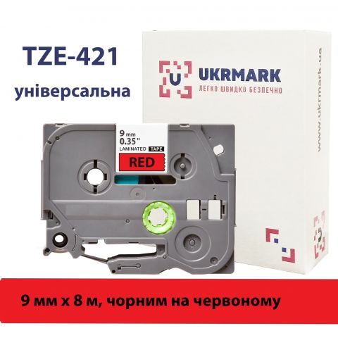 UKRMARK B-T421P, Ламінована, 9мм х 8м, чорним на червоному, сумісна з BROTHER TZe-421, стрічка для принтерів етикеток (TZe421)