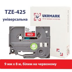 UKRMARK B-T425P, ламінована, 9мм х 8м, білим на червоному, сумісна з BROTHER TZe-425, стрічка для принтерів етикеток (TZe425)