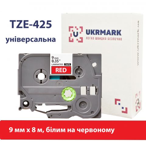 UKRMARK B-T425P, ламинированная, 9мм х 8м, белым на красном, совместима с BROTHER TZe-425, лента для принтеров этикеток (TZe425)