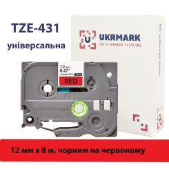 UKRMARK B-T431P, Ламінована, 12мм х 8м, чорним на червоному, сумісна з BROTHER TZe-431, стрічка для принтерів етикеток (TZe431)