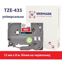 UKRMARK B-T435P, Ламинированная, 12мм х 8м, белым на красном, совместима с BROTHER TZe-435, лента для принтеров этикеток (TZe435)