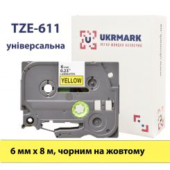 UKRMARK B-T611P, 6мм х 8м, Ламинированная, черный на желтом, совместимый с BROTHER TZe-611, лента для принтеров этикеток (TZe611)