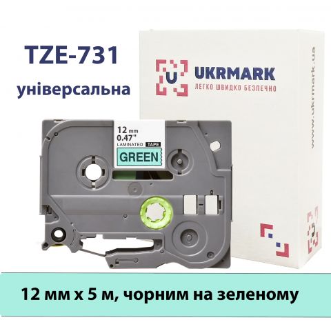UKRMARK B-T731P, Ламінована, 12мм х 8м, чорним на зеленому, сумісна з BROTHER TZe-731, стрічка для принтерів етикеток (TZe731)