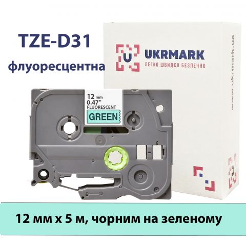 UKRMARK B-Fc-TD31P, Флуоресцентная, 12мм х 5м, черным на зеленом, совместима с BROTHER TZe-D31. Лента для принтеров этикеток (TZeD31)