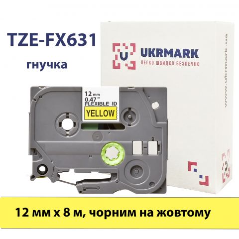 UKRMARK B-Fx-T631P, Гнучка, 12мм х 8м, чорний на жовтому, сумісна з BROTHER TZe-FX631. Стрічка для принтерів етикеток (CBTZF631)