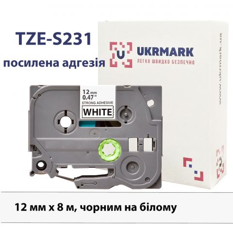 UKRMARK B-S-T231P, Надклейка, 12мм х 8м, чорним на білому, сумісна з BROTHER TZe-S231, стрічка з посиленою адгезією (TZeS231)