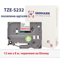 UKRMARK B-S-T232P, Сверхклейкая, 12мм х 8м, красным на белом, совместима с BROTHER TZe-S232, лента с усиленной адгезией (TZeS232)