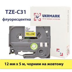 UKRMARK B-Fc-TC31P, Флуоресцентна, 12мм х 5м, чорним на жовтому, сумісна з BROTHER TZe-C31. Стрічка для принтерів етикеток (TZeC31)