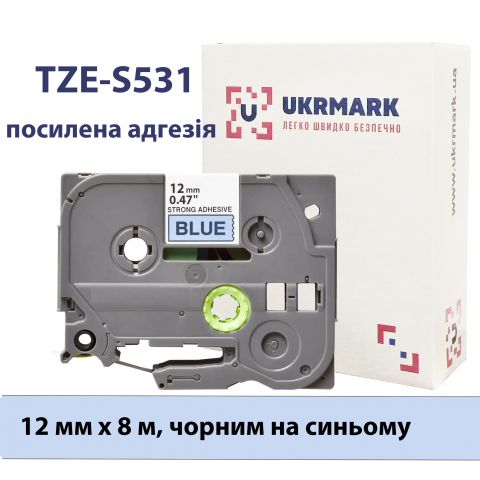 UKRMARK B-S-T531P, Надклейка, 12мм х 8м, чорним на синьому, сумісна з BROTHER TZe-S531, стрічка з посиленою адгезією (TZeS531)