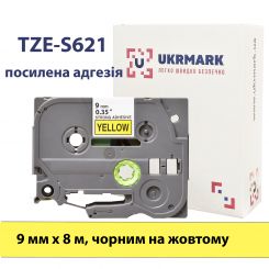 UKRMARK B-S-T621P, Сверхклейкаая, 9мм х 8м, черным на желтом, совместима с BROTHER TZe-S621, лента с усиленной адгезией (TZeS621)