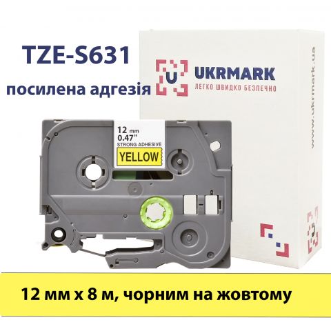 UKRMARK B-S-T631P, Надклейка, 12мм х 8м, чорним на жовтому, сумісна з BROTHER TZe-S631, стрічка з посиленою адгезією (TZeS631)