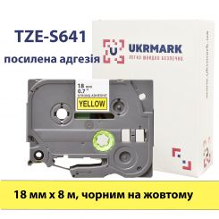 UKRMARK B-S-T641P, Надклейка, 18мм х 8м, чорним на жовтому, сумісна з BROTHER TZe-S641, стрічка з посиленою адгезією (TZeS641)