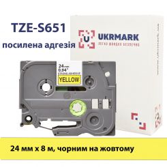 UKRMARK B-S-T651P, Сверхклейкая, 24мм х 8м, черным на желтом, совместима с BROTHER TZe-S651 (TZeS651)