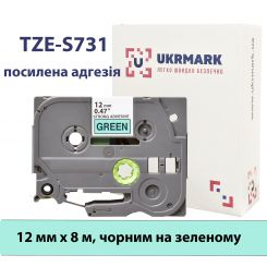UKRMARK B-S-T731P, Сверхклейкая, 12мм х 8м, черным на зеленом, совместима с BROTHER TZe-S731, лента с усиленной адгезией (TZeS731)