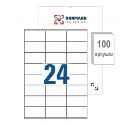 UKRMARK A4-24-02-W1-100, 24 етикетки на аркуші А4, 70мм х 37мм, уп.100 арк, етикетки самоклейні