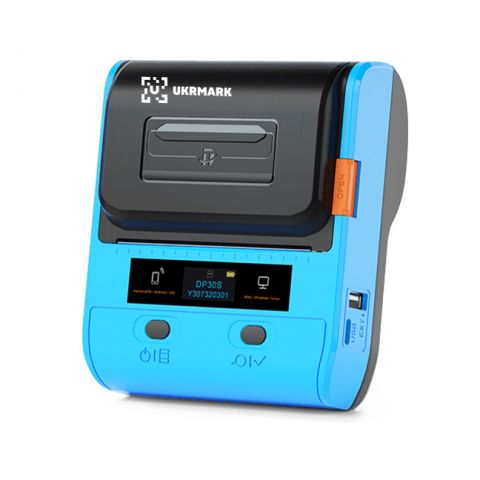 Портативний термопринтер UKRMARK DP30Bl, USB/Bluetooth, рулони 20-75 мм, для чеків/етикеток, синій. Друк на термопапері та полімерних етикетках Портативний термопринтер UKRMARK DP30Bl, USB/Bluetooth, рулони 20-75 мм, для чеків/етикеток, синій. Друк на термопапері та полімерних етикетках