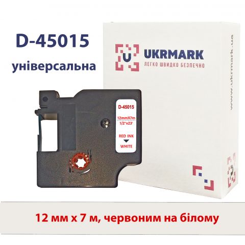 UKRMARK D-45015P, Универсальная, 12мм х 7м, красным на белом, лента для принтеров этикеток DYMO D1 совместима с DYMO S0720550