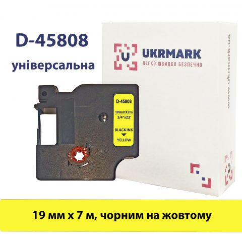 UKRMARK D-45808P, Универсальная, 19мм х 7м, черным на желтом, лента для принтеров этикеток DYMO D1 совместима с DYMO S0720880