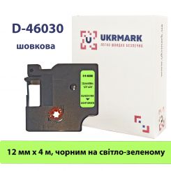 UKRMARK D-R-46030, Шелковая, 12мм х 4м, черным на светло-зеленом, лента для принтеров этикеток DYMO D1