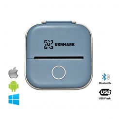 Міні термо принтер UKRMARK P02BL Bluetooth, блакитний, рулони 50-57 мм, друк на термопапері та полімерних етикетках
