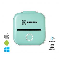 Міні термо принтер UKRMARK P02GN/GN Bluetooth, зелений, рулони 50-57 мм, друк на термопапері та полімерних етикетках