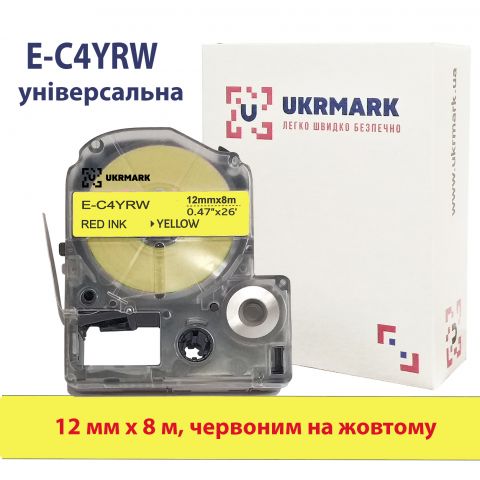 UKRMARK E-C4YRW, Універсальна, 12мм х 8м, червоним на жовтому, стрічка для принтерів етикеток сумісна з Epson LC-4YRW