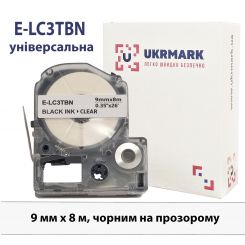 UKRMARK E-LC3TBN, Універсальна, 9мм х 8м, чорним на прозорому, стрічка для принтерів етикеток сумісна з EPSON LC-3TBN