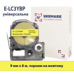 UKRMARK E-LC3YBP, Универсальная, 9мм х 8м, черным на желтом, лента для принтеров этикеток совместима с Epson LC-3YBP