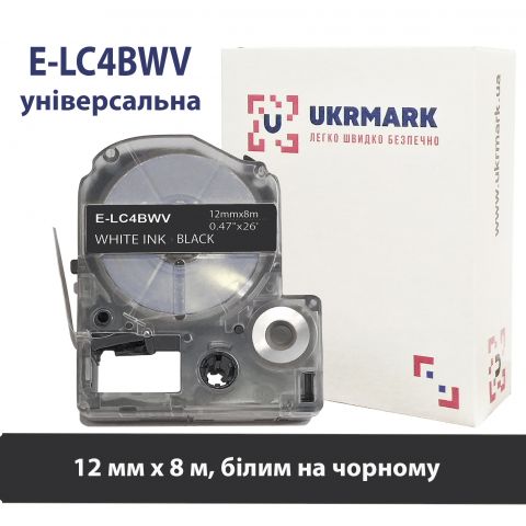 UKRMARK E-LC4BWV, Универсальная, 12мм х 8м.,белым на черном, лента для принтеров этикеток совместима с Epson LC-4BWV