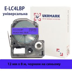 UKRMARK E-LC4LBP, Универсальная. 12мм х 8м, черным на синем, лента для принтеров этикеток совместима с Epson LC-4LBP