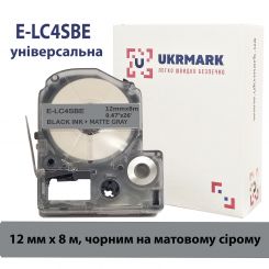 UKRMARK E-LC4SBE, Универсальная, 12мм х 8м, черным на матовом серебристом, лента для принтеров этикеток совместима с Epson LC-4SBE