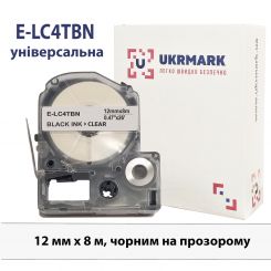 UKRMARK E-LC4TBN, Универсальная, 12мм х 8м, черным на прозрачном, лента для принтеров этикеток совместима с Epson LC-4TBN