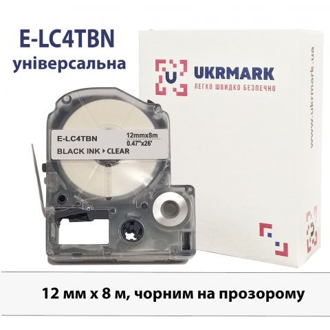 UKRMARK E-LC4TBN, Универсальная, 12мм х 8м, черным на прозрачном, лента для принтеров этикеток совместима с Epson LC-4TBN
