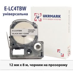 UKRMARK E-LC4TBW, Универсальная, 12мм х 8м, черным на прозрачном, лента для принтеров этикеток совместима с Epson LC-4TBW