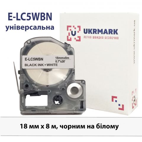 UKRMARK E-LC5WBN, универсальная, 18мм х 8м, черным на белом, совместима с Epson LC-5WBN, лента для принтеров этикеток