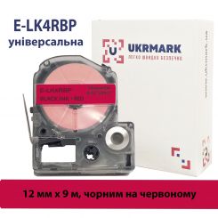 UKRMARK E-LK4RBP, Універсальна, 12мм х 9м, чорним на червоному, стрічка для принтерів етикеток сумісна з Epson LK-4RBP