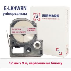 UKRMARK E-LK4WRN, Універсальна, 12мм х 9м, червоним на білому, стрічка для принтерів етикеток сумісна з Epson LK-4WRN