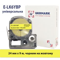 UKRMARK E-LK6YBP, Універсальна, 24мм х 9м, чорним на жотому, стрічка для принтерів етикеток сумісна з EPSON LK-6YBP