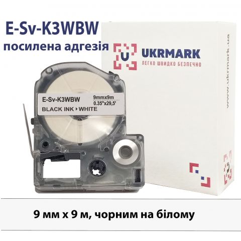 UKRMARK E-Sv-K3WBW, лента с усиленной адгезией, 9мм х 9м, черным на белом, совместима с Epson LK-3WBW