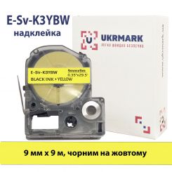 UKRMARK E-Sv-K3YBW, Надклейка, 9мм х 9м, чорним на жовтому, стрічка для принтера етикеток сумісна з Epson LK-3YBW