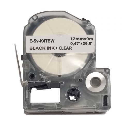 UKRMARK E-Sv-K4TBW, усиленный адгезив, 12мм х 9м, черным на прозрачном, совместима с EPSON LK-4TBW, лента для принтеров этикеток